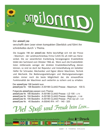 CLAAS Presse Typ Maximum Bild- Ersatzteilliste & Explosionszeichnungen - annoligno 198 -